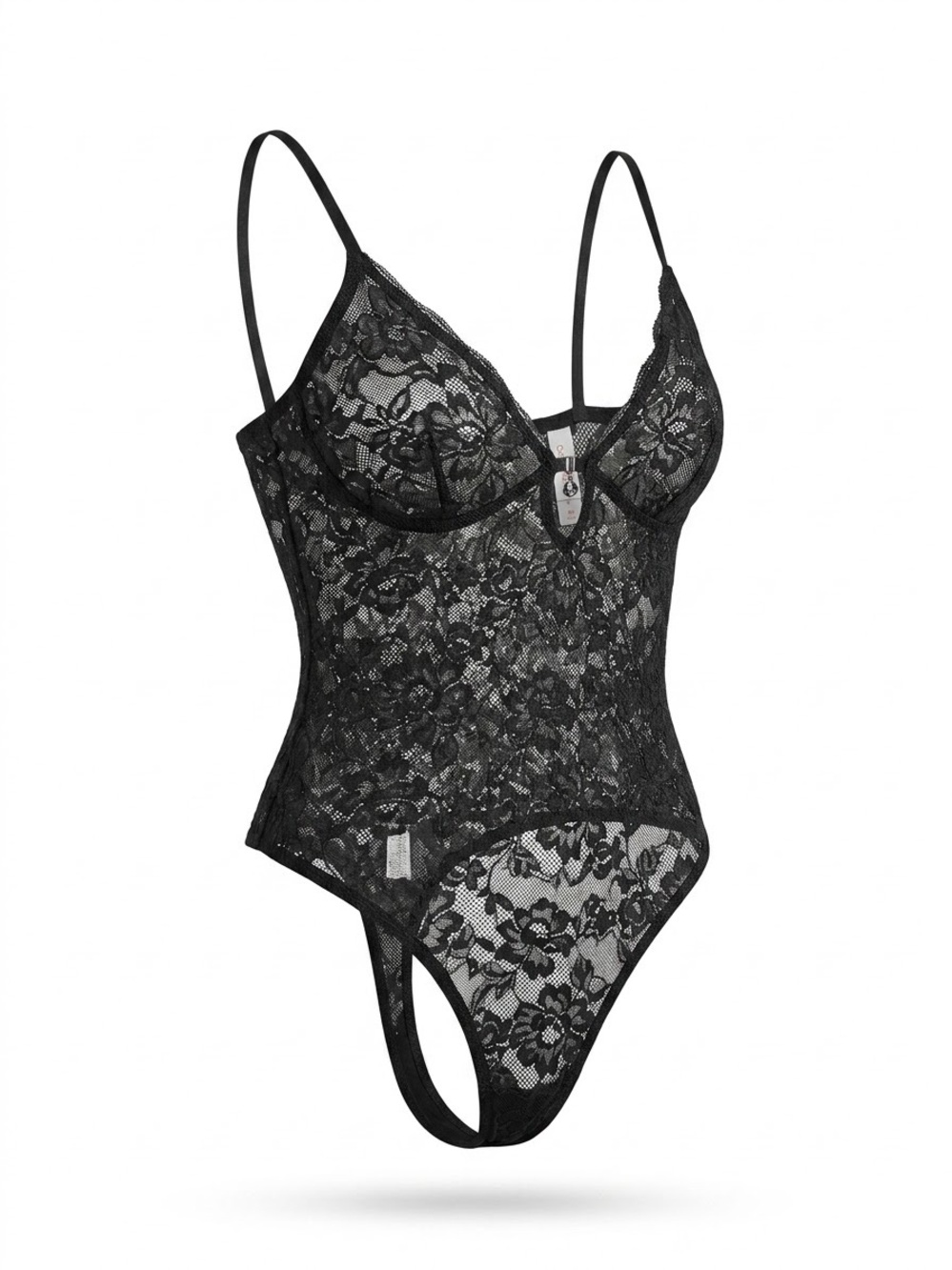 Colsie Black Lace Bodysuit Womens Medium V-Neck Sheer Floral Lingerie One Piece